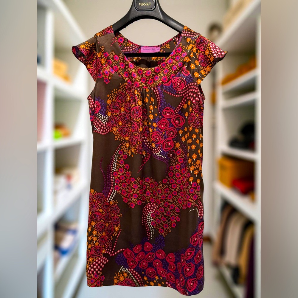 Christianne Celle EUC Sz XS Colorful Floral Cap Sleeve Silk Mini Dress (0580)